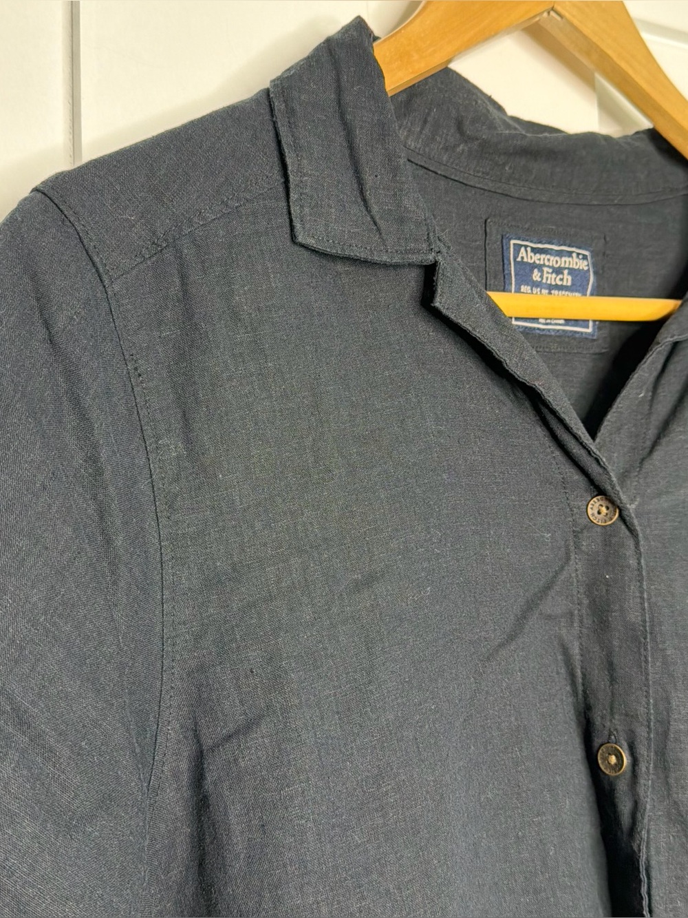 Abercrombie & Fitch Short Sleeve Linen-Blend Button Down Shirt XL black short - Picture 6 of 10